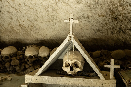 17th-19th CENTURIES OSSUARY IN NAPLES. Carved yellow tuff hill of the Materdei district it holds the reamins of an estimated 50,000 to 240,000 poorest people died from epidemic.