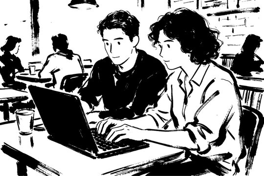 Man and woman working together on laptop