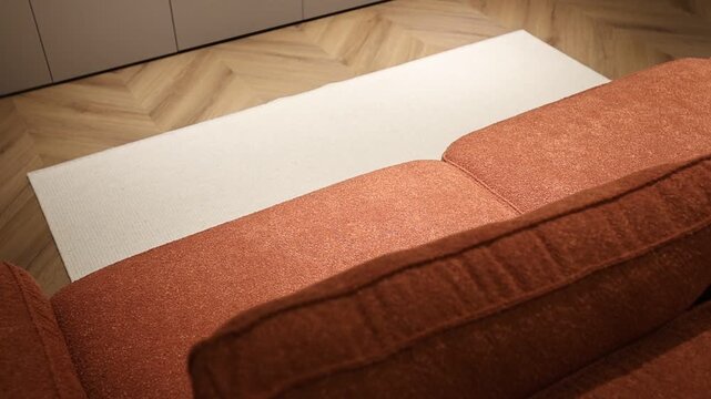 Modern orange sofa beside a white rug in a contemporary living room