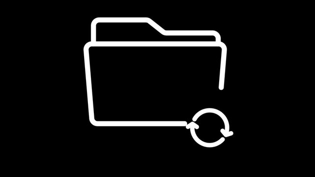 White cloud outline with sync arrows rotating on black background. Minimalist looping vector animation.