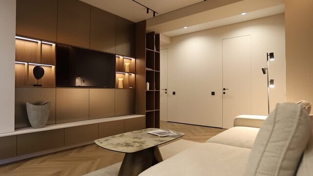Modern minimalist living room with beige sofa, oval coffee table and warm built in lighting