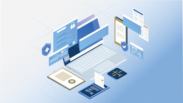 Digital healthcare legal documents management laptop with medical shield scales isometric vector illustration.eps