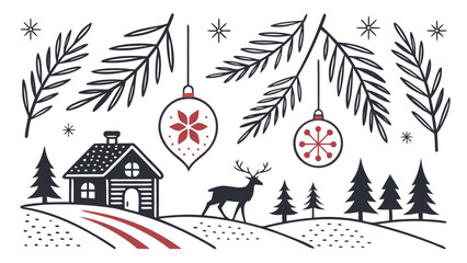 Scandinavian christmas scene with house reindeer and ornaments on snowy hill © Muhammad