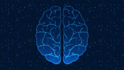 Technology background featuring a digital brain with surrounding code and data elements, representing artificial intelligence, data processing, machine learning, intelligent systems © K illustrator Photo