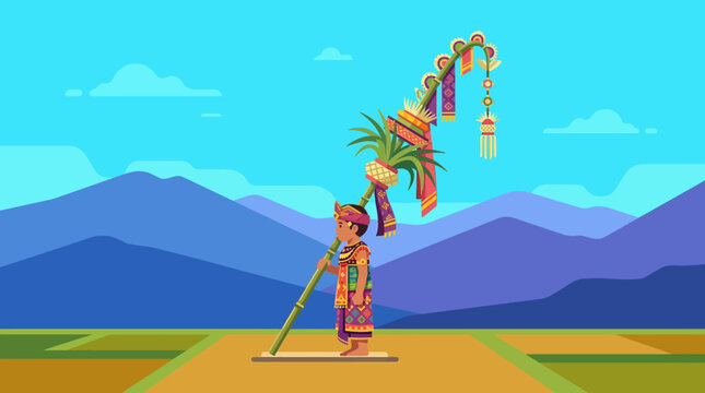 Illustration of a dancer in traditional attire performing with a decorated pole