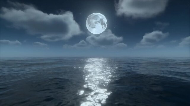 Dreamlike Night Ocean Timelapse Under a Glowing Full Moon, Shimmering Water Reflections and Clouds, Cinematic Full HD Nature