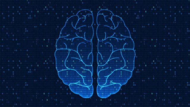Technology background featuring a digital brain with surrounding code and data elements, representing artificial intelligence, data processing, machine learning, intelligent systems