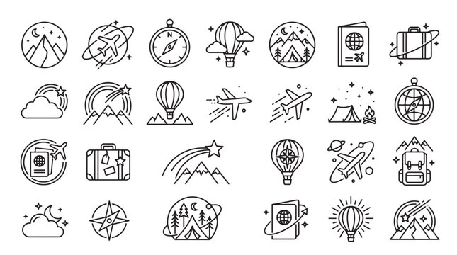 Dream Travel Elements Icons Sets Pack, Editable Vectors Strokes Illustrations. containing travel, tourism, icons, set, outline, line, art, adventure, vacation, journey and mores Elements Icons.
