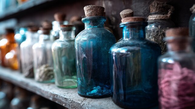 Vintage Glass Apothecary Bottles on Wooden Shelf