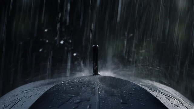 Photorealistic Seamless Loop of Heavy Rain Pounding on Dark Umbrella Surface, Moody Atmosphere Full HD Background