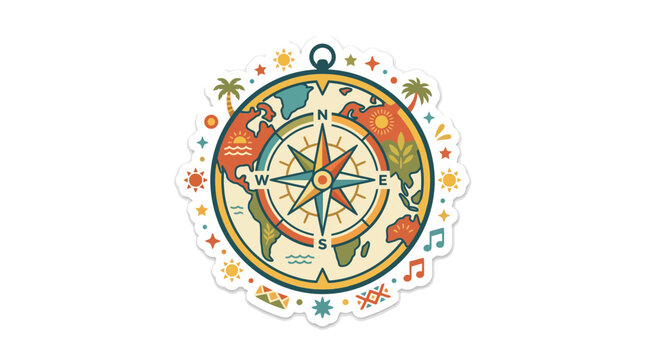 Compass Rose World Map Sticker with Tropical Elements and Sun Symbols
