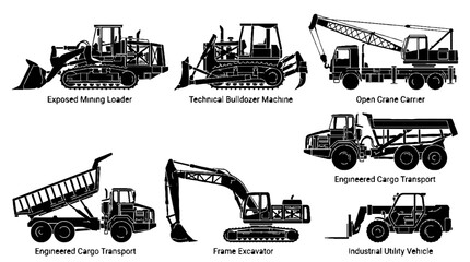 Obraz premium Set of black silhouettes of construction and mining heavy machinery.