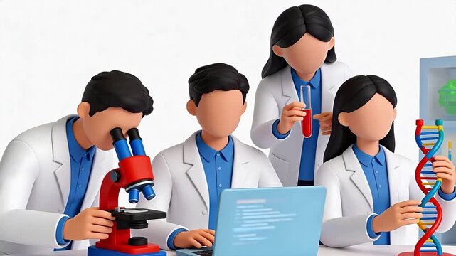 Scientists in lab with microscope and DNA model