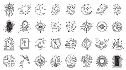 Fototapeta premium Dream Weaver Symbols Elements Icons Sets Pack, Editable Vectors Strokes Illustrations. containing mystical, celestial, icon, line, art, set, magic, esoteric, spiritual and mores Elements Icons. 