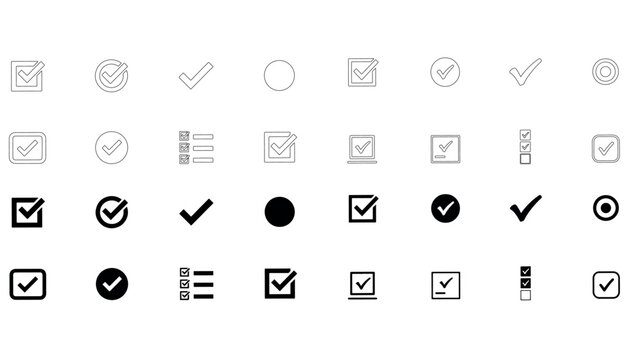 Detailed set of checklist and verification icons in multiple graphic styles for task management form completion and status reporting in digital systems.