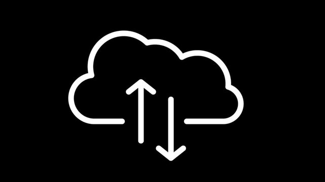 Minimalist white cloud computing icon with upload and download arrows animation on a black background.