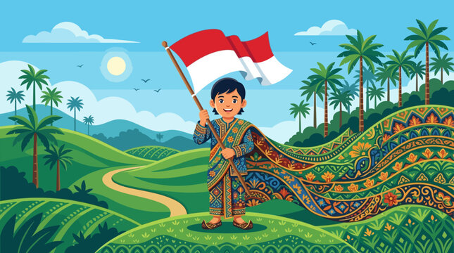 Indonesian boy holding flag in traditional dress on green hills