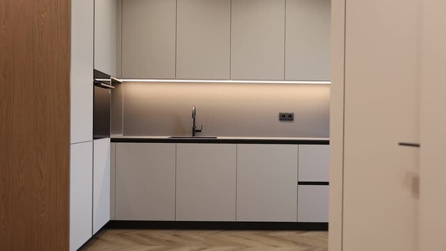 Modern minimalist kitchen viewed through a doorway with warm lighting