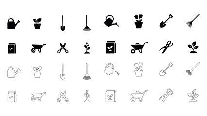 Naklejka premium Garden tools icon set isolated vector illustration. watering can, plant, shovel, rake, fertilizer, wheelbarrow, scissors, and other symbols.