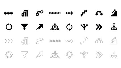 Fototapeta premium Process management and directional arrow icon set flat vector graphic symbols showing steps workflow diagrams navigation sequence growth indicators.