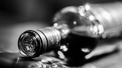 Obraz premium Close up black and white shot of a glass wine bottle lying on its side, showcasing reflections and bokeh
