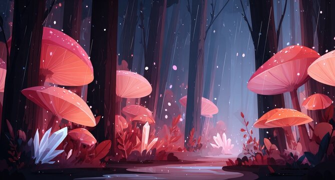 Enchanting forest path, glowing mushrooms, rain