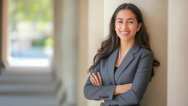 A smiling young professional woman in a grey suit stands confidently in an architectural setting, exuding poise and capability. The neutral background emphasizes her confident and friendly demeanor.