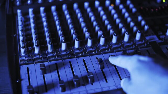 Hand operating a professional audio console by sliding a fader to control volume levels. The scene features dramatic red, purple, and blue flashing lights in a studio or live event setting.