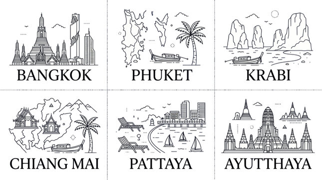 Thailand travel destinations line art icons with landmarks and cities
