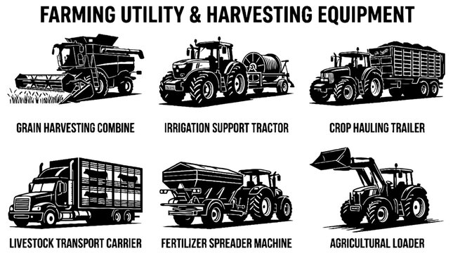 Set of Farming Utility and Harvesting Equipment Icons.