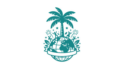 Obraz premium Celebration Globe with Palm Tree and People Icons, Teal Vector Art