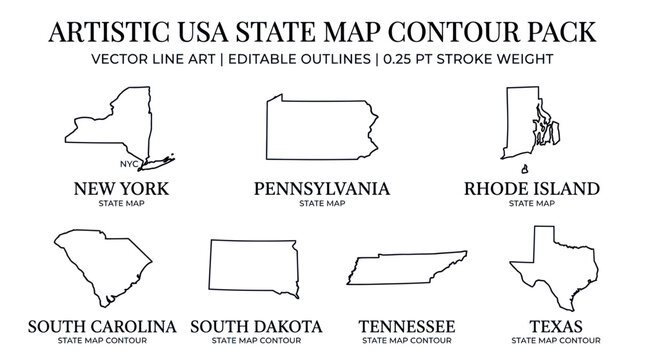 Minimalist usa state map contour line art collection