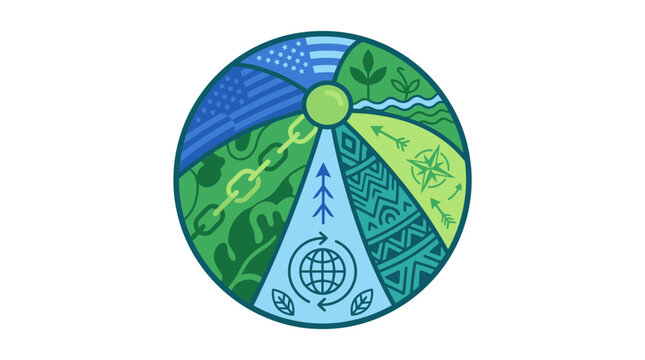 Planet Earth Beach Ball with Nature and USA Flag Elements, Sustainability Concept