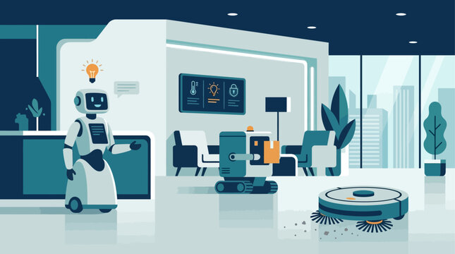 This flat design illustration depicts various robots performing diverse service tasks, symbolizing the widespread application of robotics in daily life and automation. 