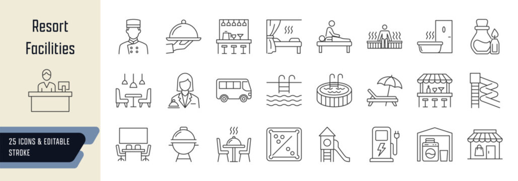 Resort facilities line icons collection, 25 editable stroke symbols depicting reception and general services, water activity and pool, wellness and spa, dining and drink, business and extras
