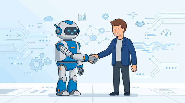 This flat design illustration showcases a humanoid robot and a human collaborating, symbolizing the future of work and partnership between humans and artificial intelligence. 