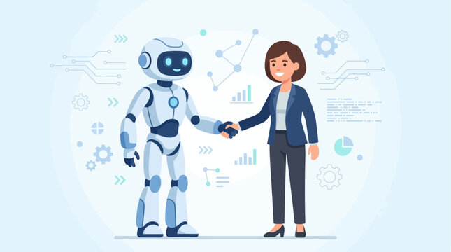 This flat design illustration showcases a humanoid robot and a human collaborating, symbolizing the future of work and partnership between humans and artificial intelligence. 