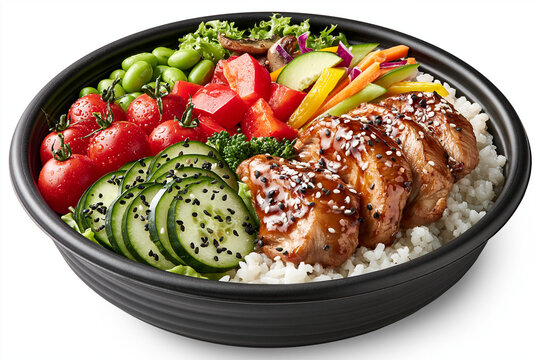 Teriyaki Chicken Rice Bowl Isolated on White Background
