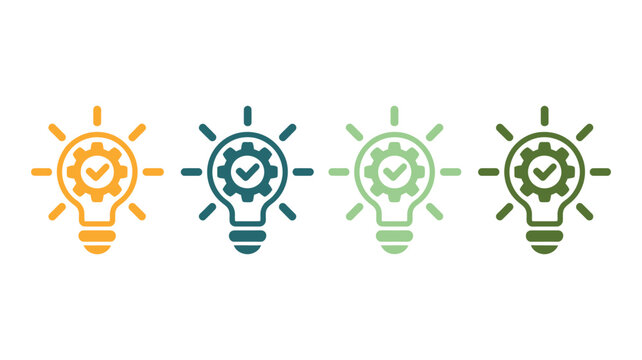 Innovation icon set featuring light bulb with cog symbols representing creative thinking, engineering ideas, and modern problem-solving for business and technology concepts.