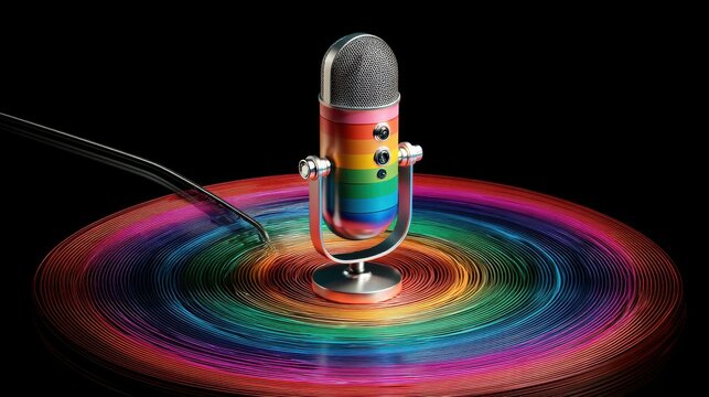 Rainbow microphone on a spinning colorful vinyl record with vibrant motion blur, symbolizing music production, podcasting, and creative audio broadcasting