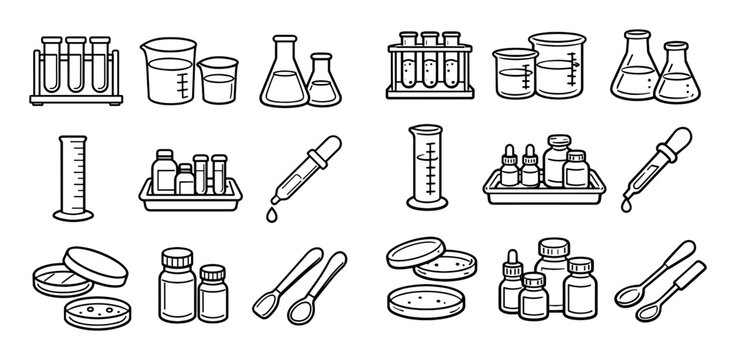 Laboratory and chemistry design icons with test tubes, beakers and droppers for infographic branding in outline style