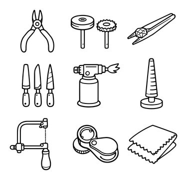 Jewelry making and crafting vector icons with pliers, torch and polishing cloth for artisan workshop design in outline style