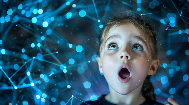 Amazed young girl looks up with open mouth surrounded by glowing blue digital mesh network. Concept of futuristic technology, childhood wonder and artificial intelligence. Copy space
