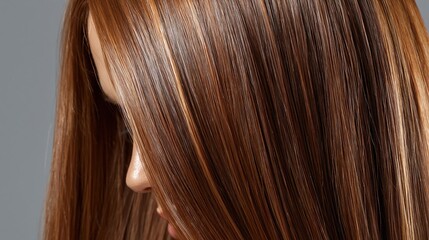 Fototapeta premium Close-up of a woman's healthy, shiny, highlighted brown hair, showing smooth texture and vibrant color tones.