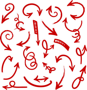 Collection of hand drawn red arrows and scribble elements for design
