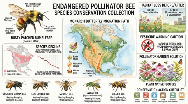 Watercolor Style Endangered Pollinator Bee Species Conservation Illustration