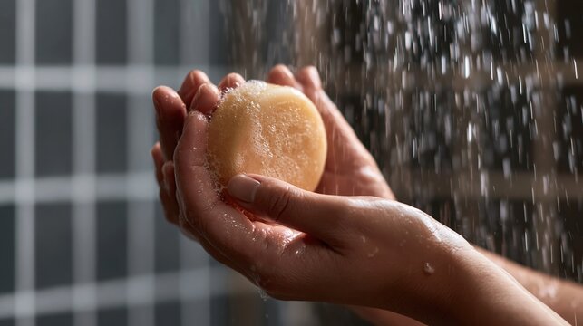Close-up of person's hands holding natural solid shampoo bar under refreshing water in a modern shower