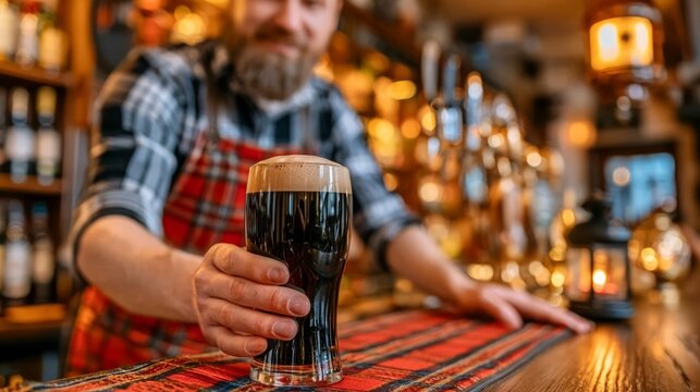 Bartender in Traditional Irish Pub Serving a Dark Beverage at the Bar with Warm Atmosphere and Cozy Setting