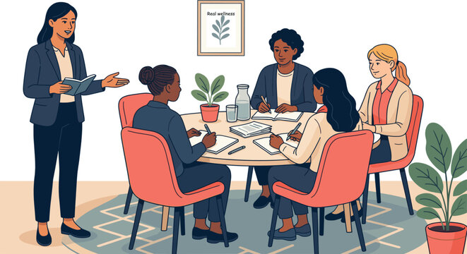 Diverse group of women in a meeting with a presenter standing and talking