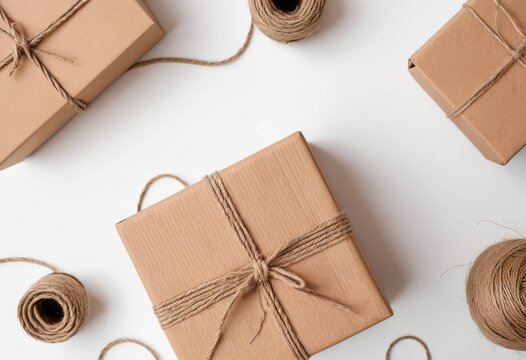 Flat lay of gift boxes wrapped in craft paper and hemp twine